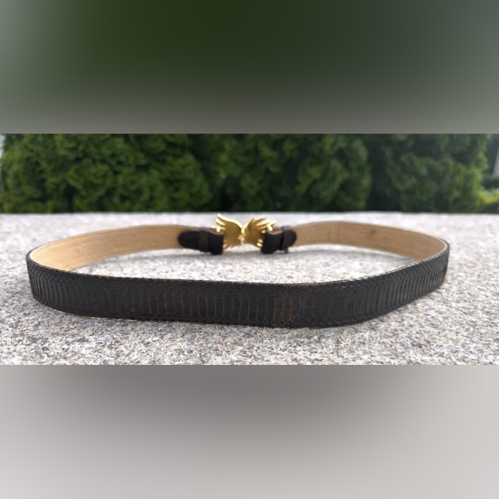 Vintage Women’s Gold Tone Leaves Buckle with Genuine Dark Brown Snake Skin Belt - Picture 15 of 16
